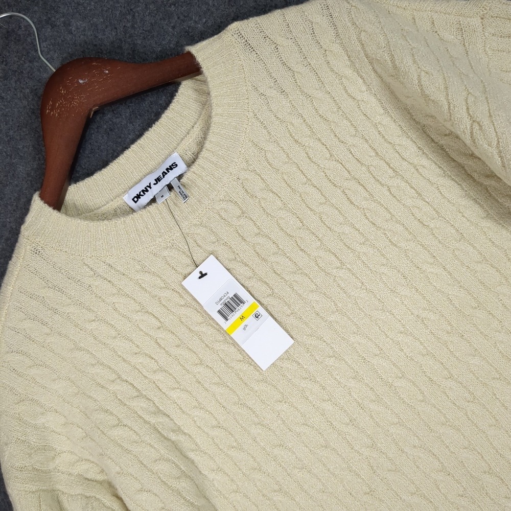 DKNY Jeans‎ Womens Eggnog Gold Metallic Cable Knit Crewneck Sweater M